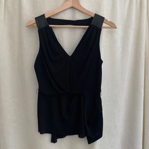 BeBe Black V neck peplum top with faux leather detail